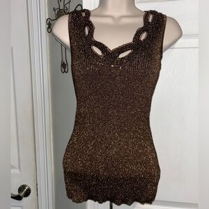 Caché Brown Sleeveless Knit Beaded Sweater Sparkle Holiday Elegant Top Y2K